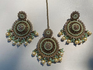Green & Gold Polki Earrings and Tikka Set